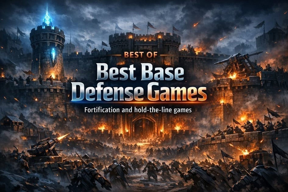 Fortified stronghold under siege with walls, towers, and incoming enemy waves