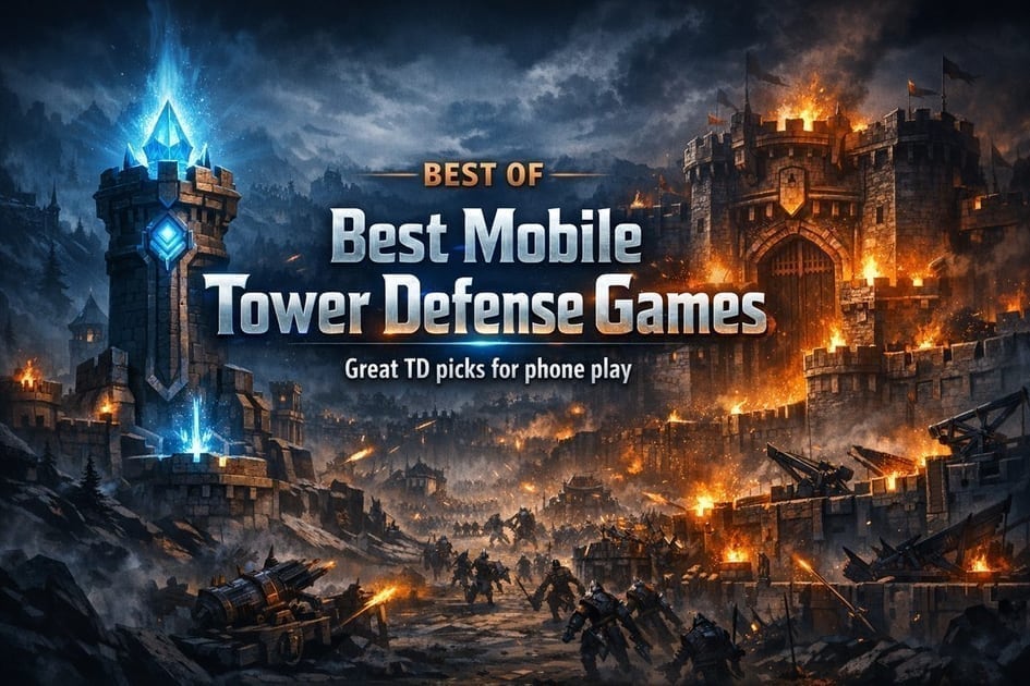 Colorful mobile tower defense battlefield with lanes, towers, and incoming waves