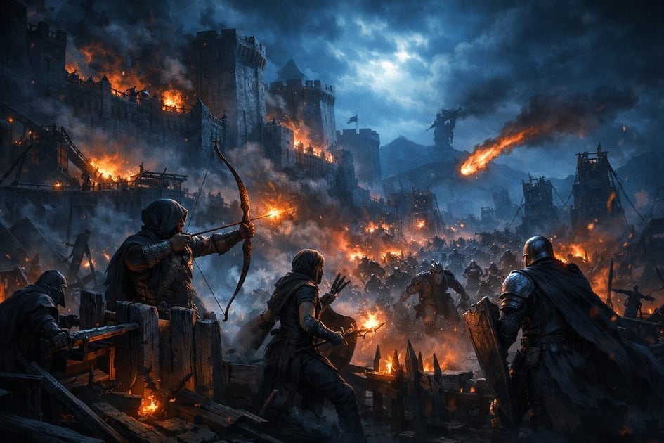 Fortified base under siege from massive hordes at night