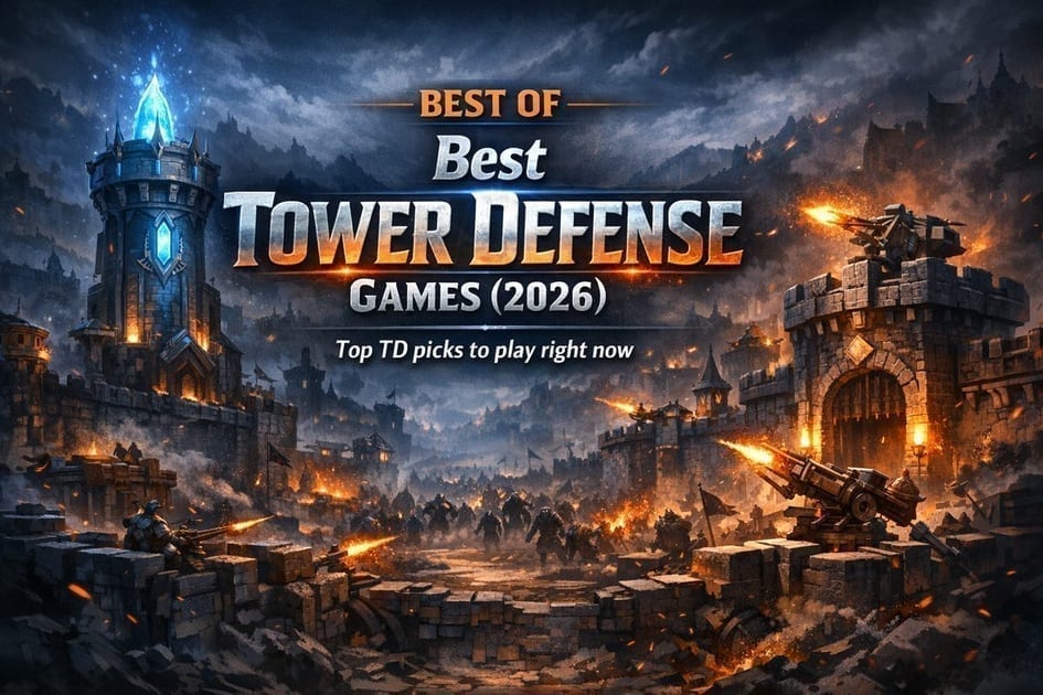 Colorful tower defense battlefield with lanes, towers, and incoming waves
